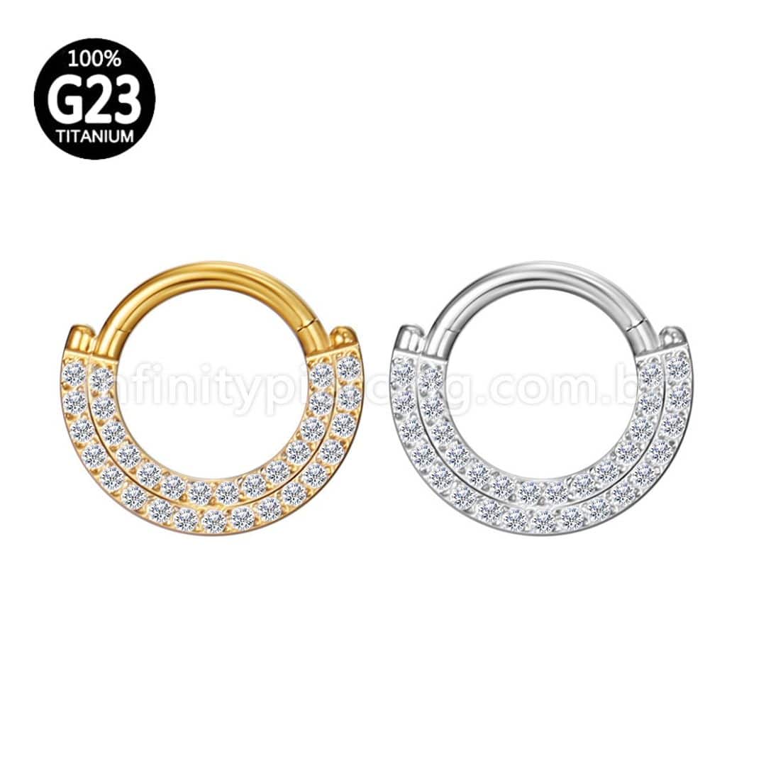 Piercing Argola Titânio Segmento Articulado 2 Fileiras Zircônia